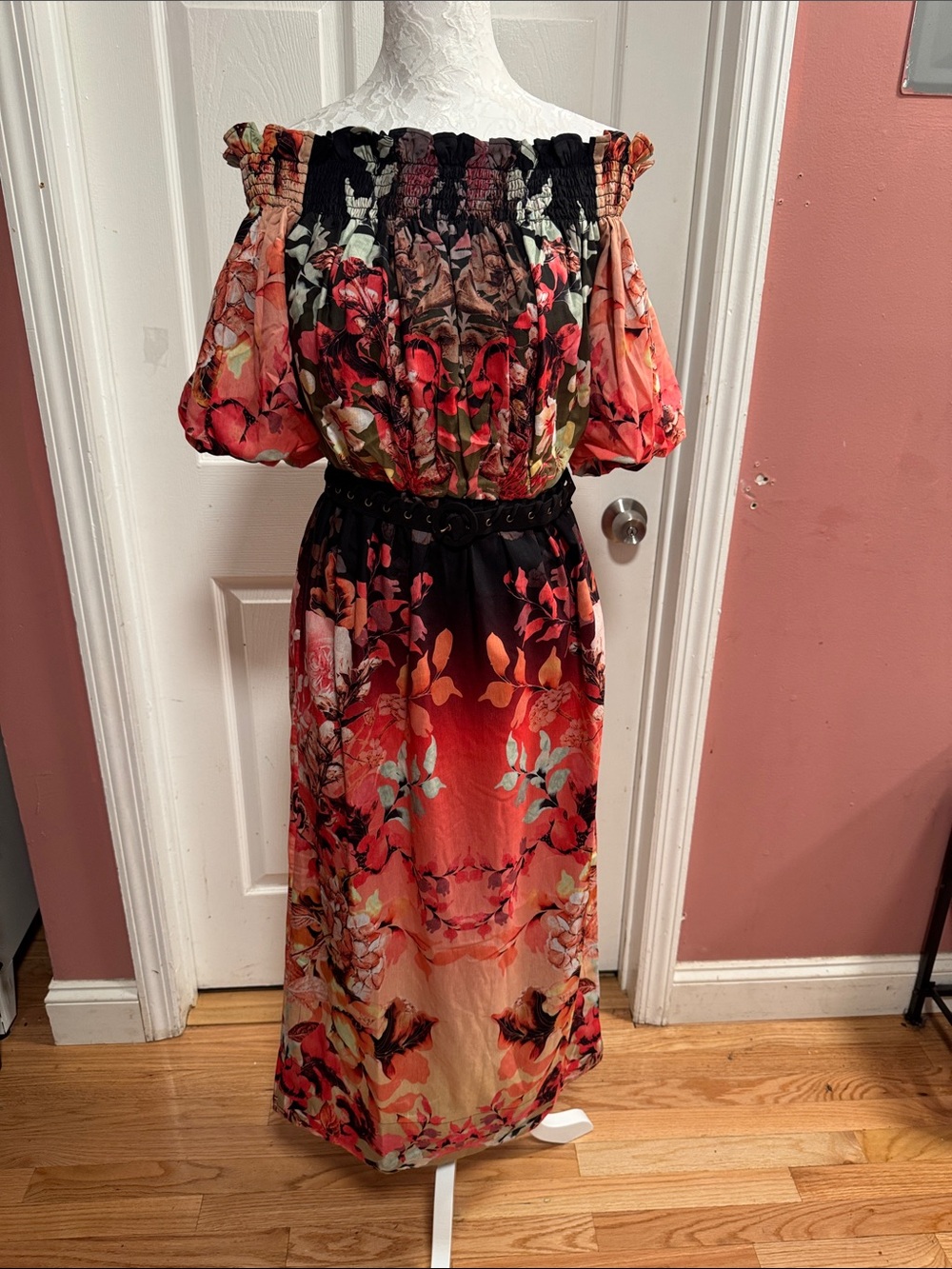 NWT Karen Millen Red and Black Floral Off-Shoulder Maxi Dress